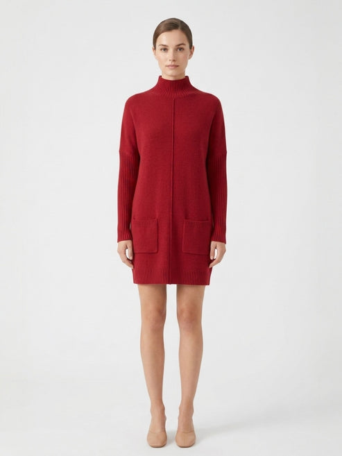 Red sweater dress worn by a model on a white background