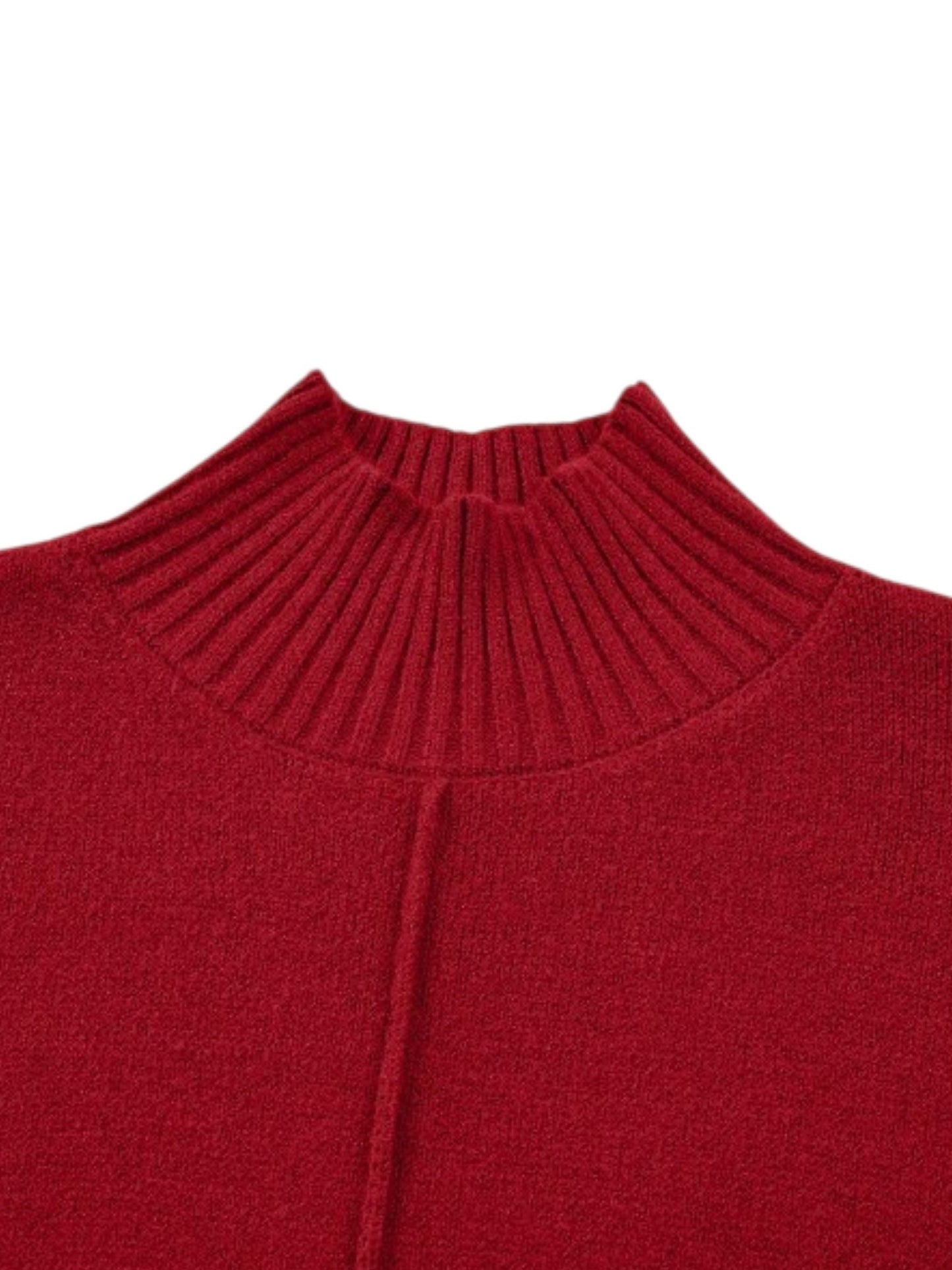 Close-up of a red sweater with a ribbed neckline on a white background