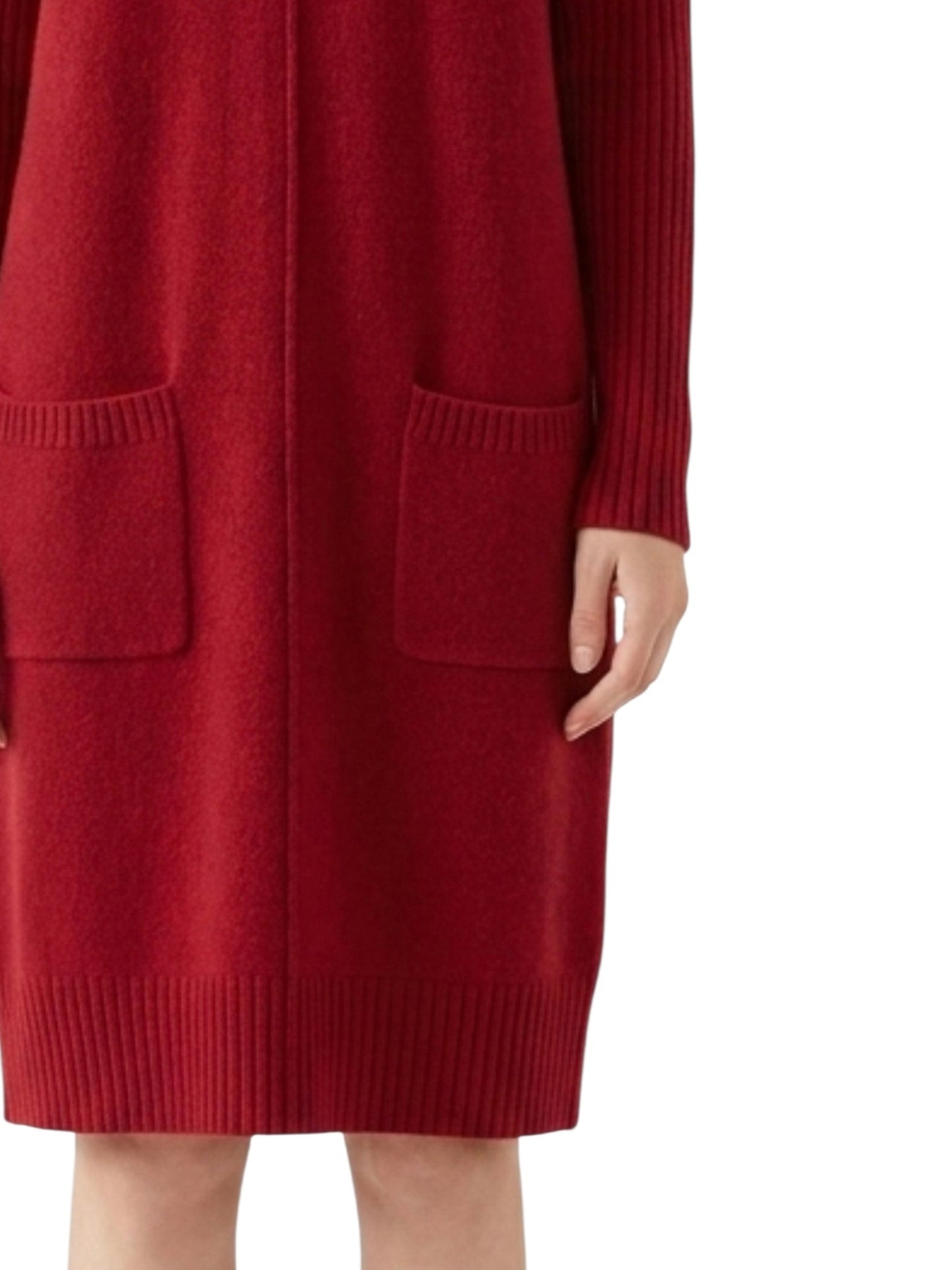 Red knitted cardigan with pocket details on a white background