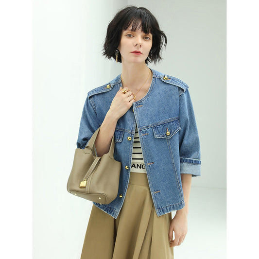 Modern Military Inspired Cropped Blue Denim Jacket-0