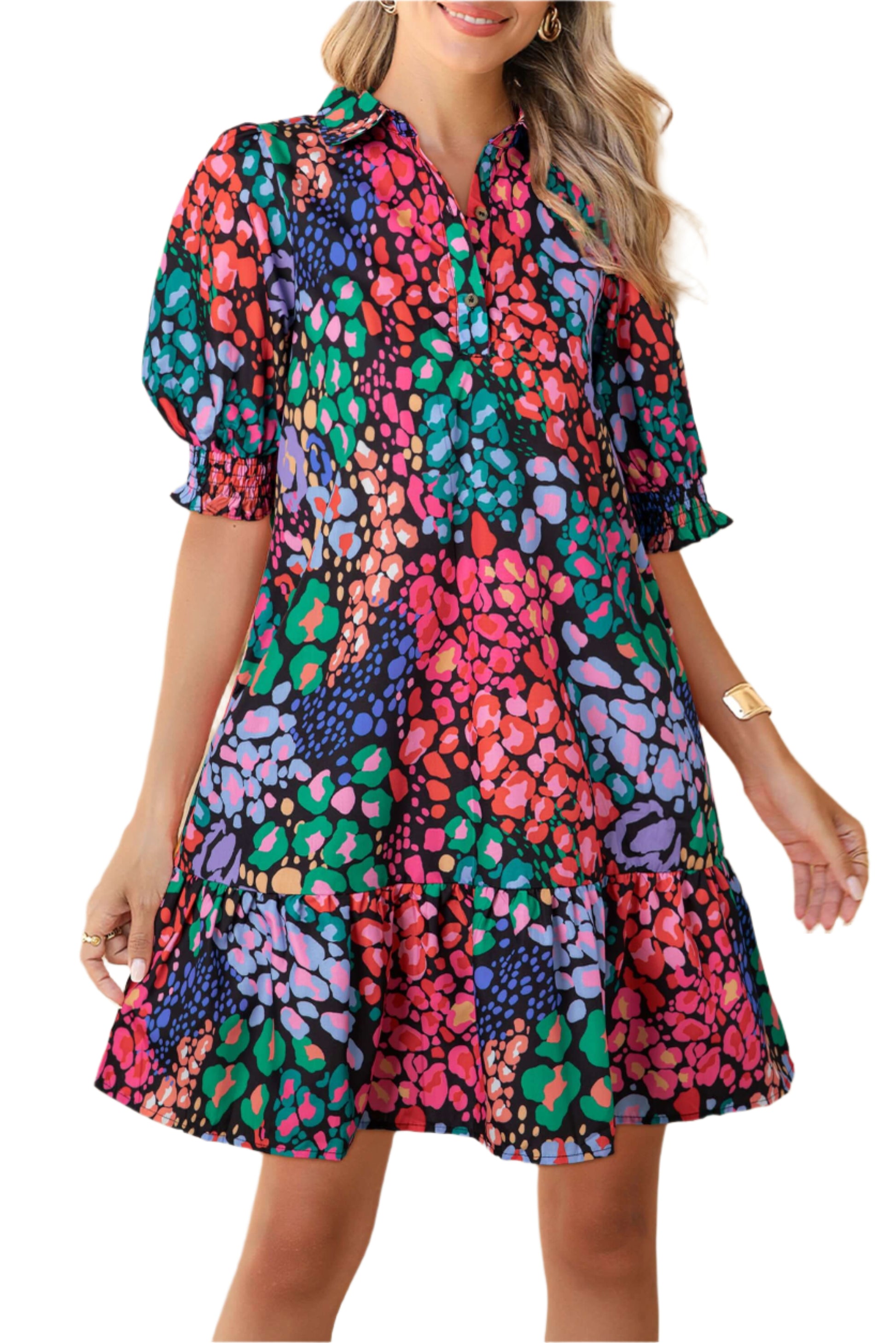 Focus front view of a multicolor leopard print mini dress with short sleeves, ideal for summer occasions and casual outings