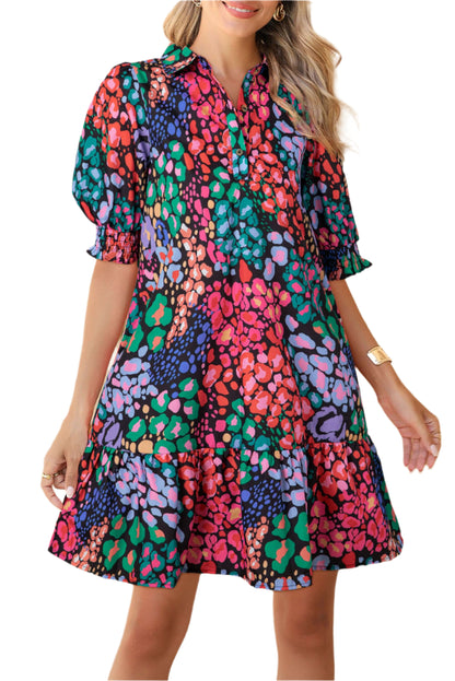 Focus front view of a multicolor leopard print mini dress with short sleeves, ideal for summer occasions and casual outings