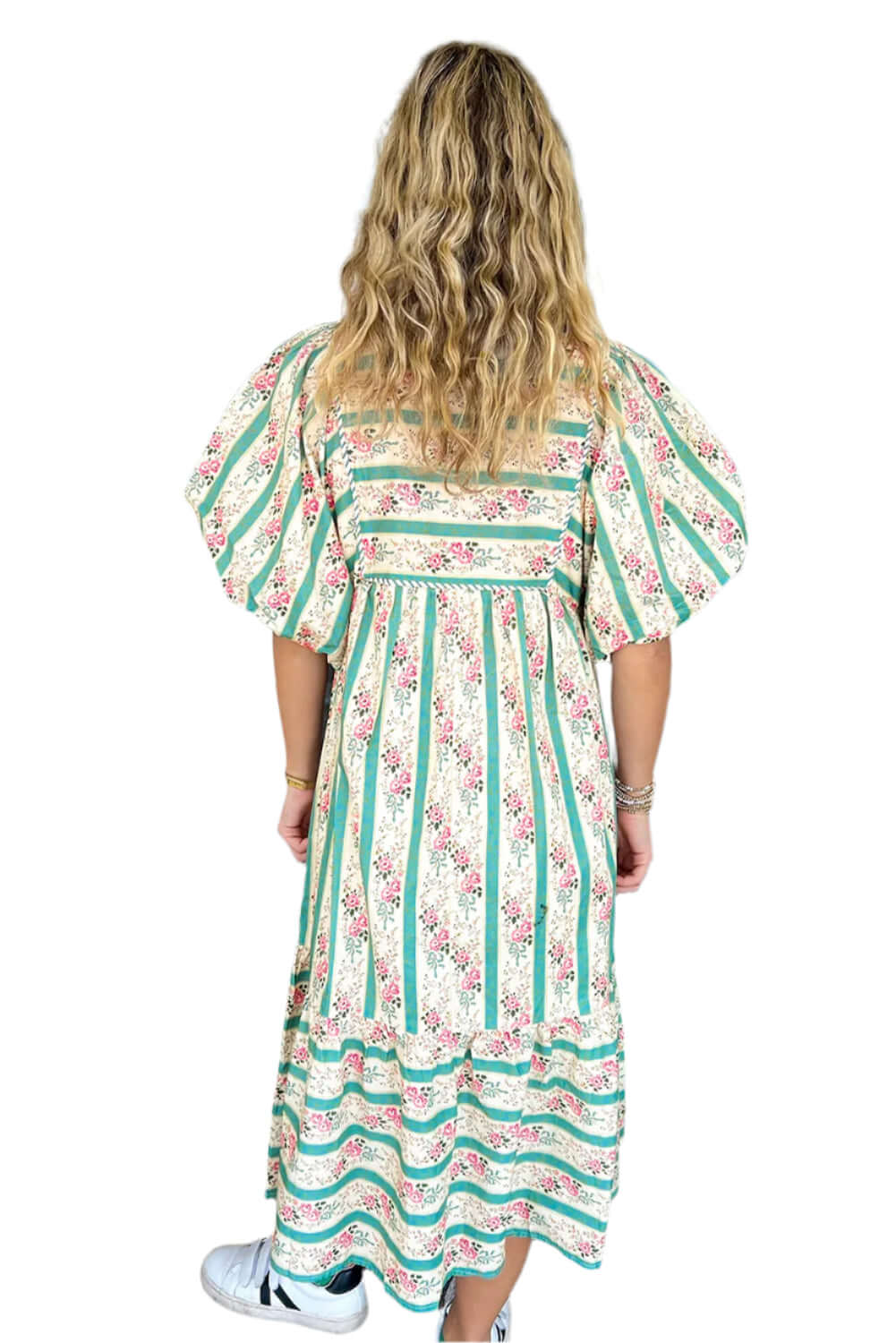 Back view of the multicolor floral striped dress, highlighting the flowy and breezy design.