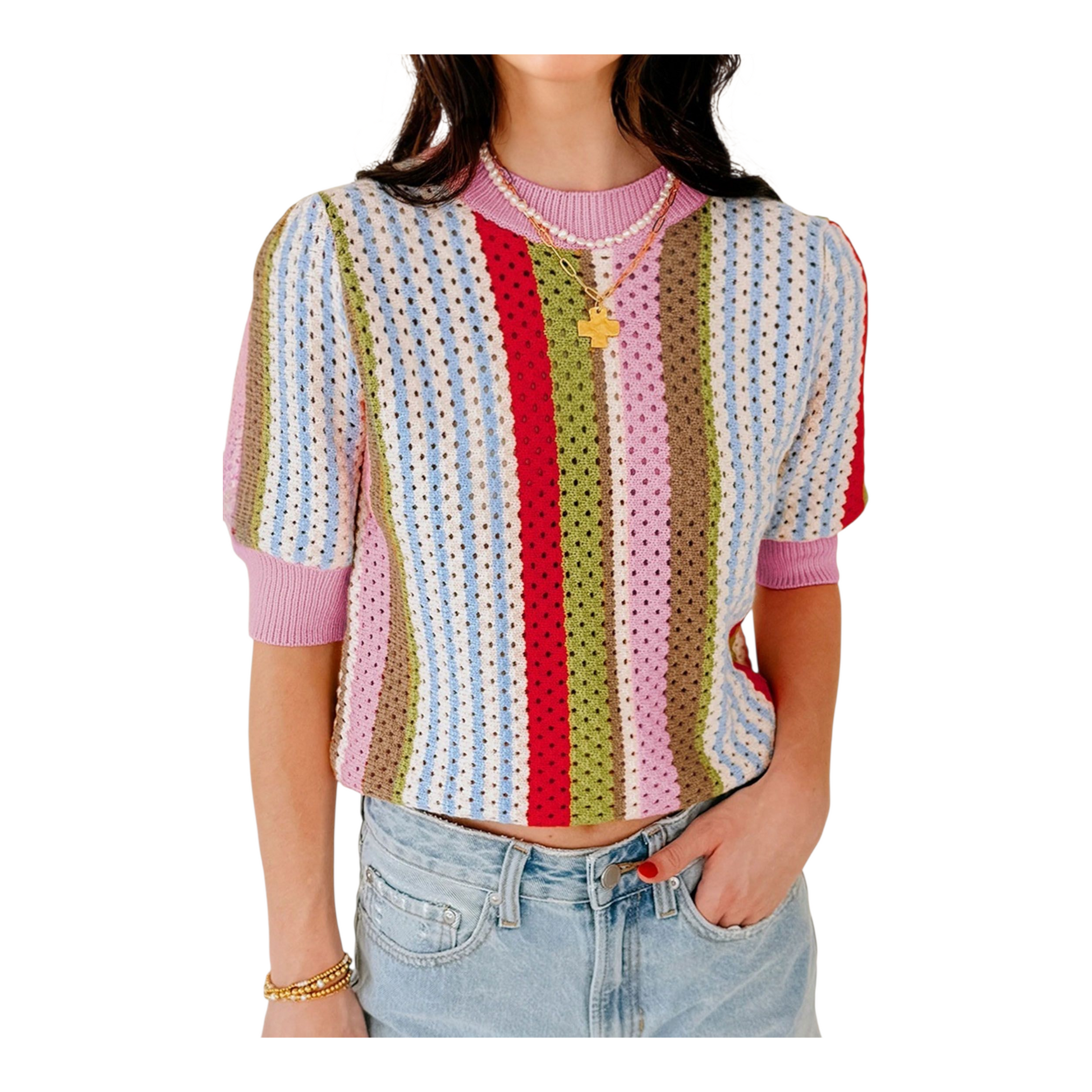 Multicolored patterned sweater worn by a person on a white background