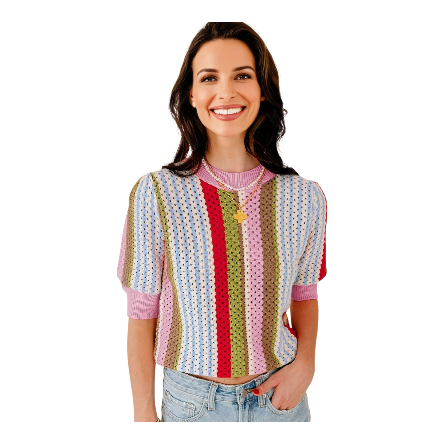 Woman wearing a colorful striped sweater on a white background