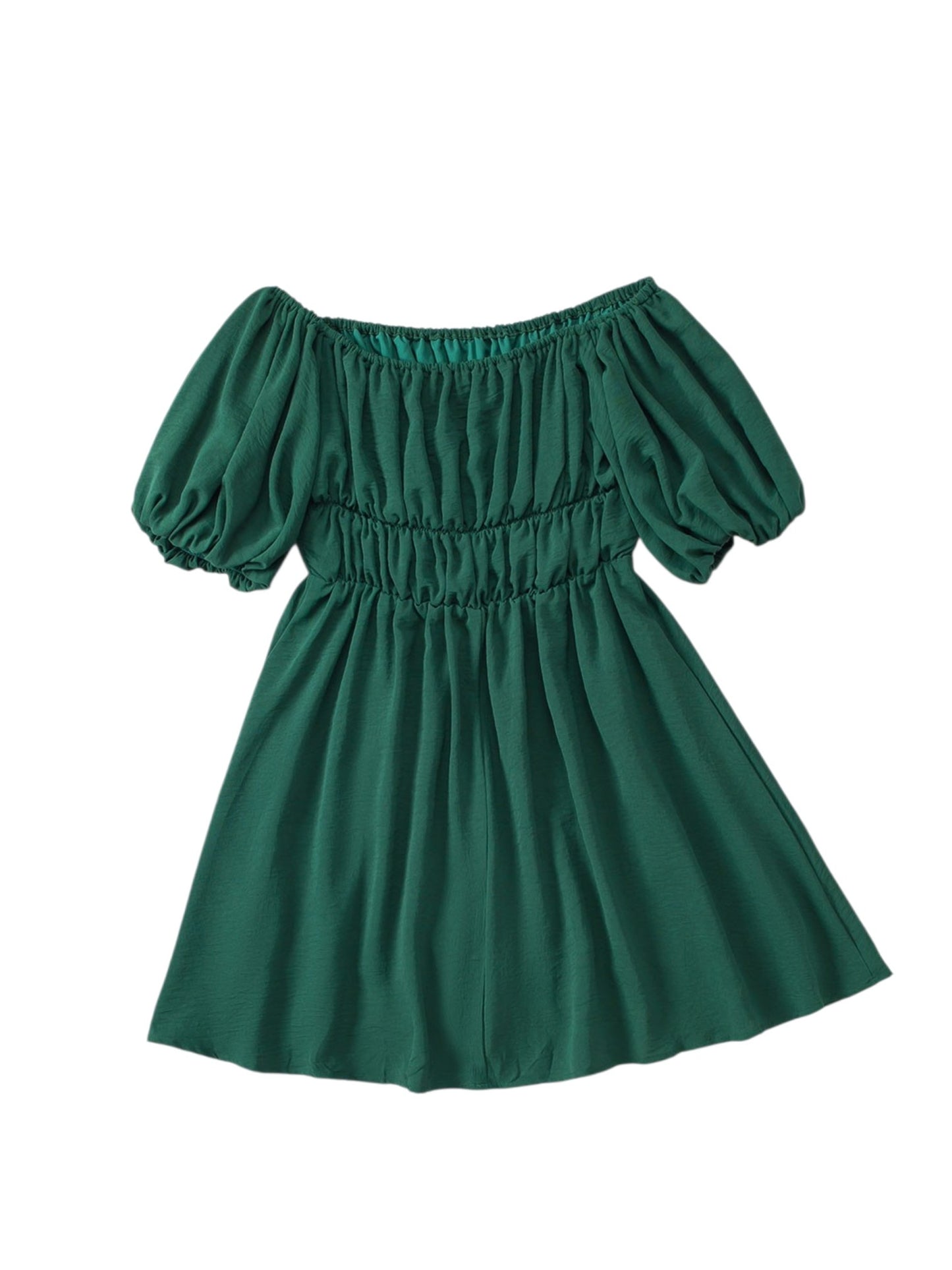 A dark green off-the-shoulder puff-sleeve dress with a gathered elastic waist and flared skirt, shown against a plain white background.
