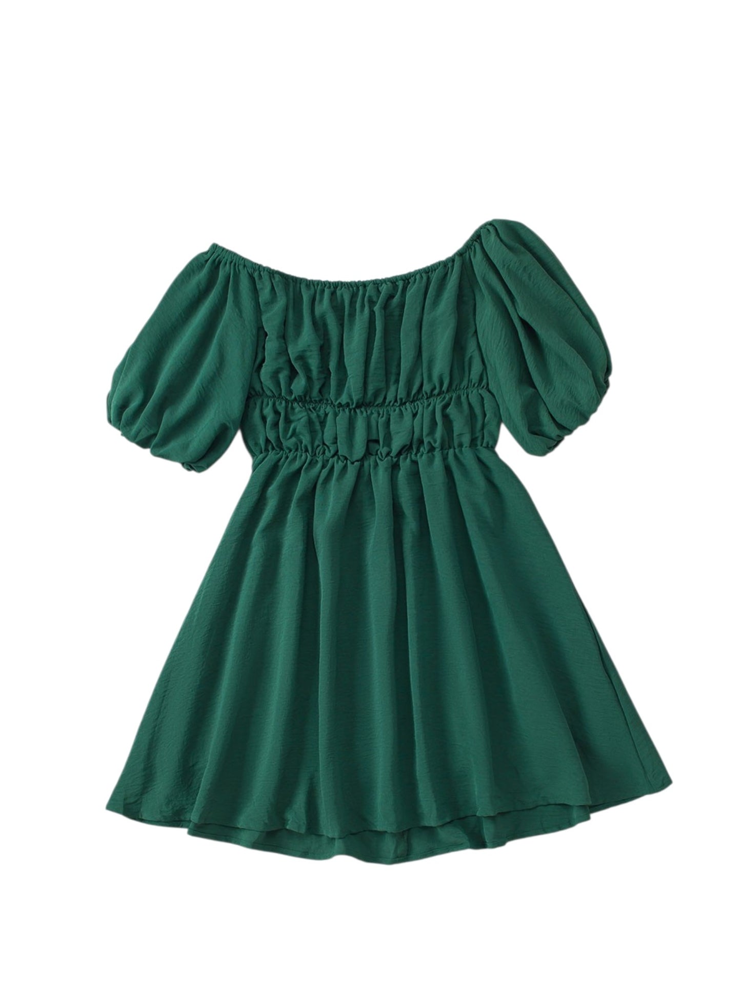 A dark green off-the-shoulder mini dress with puff sleeves and a gathered elastic waist, shown against a plain white background.