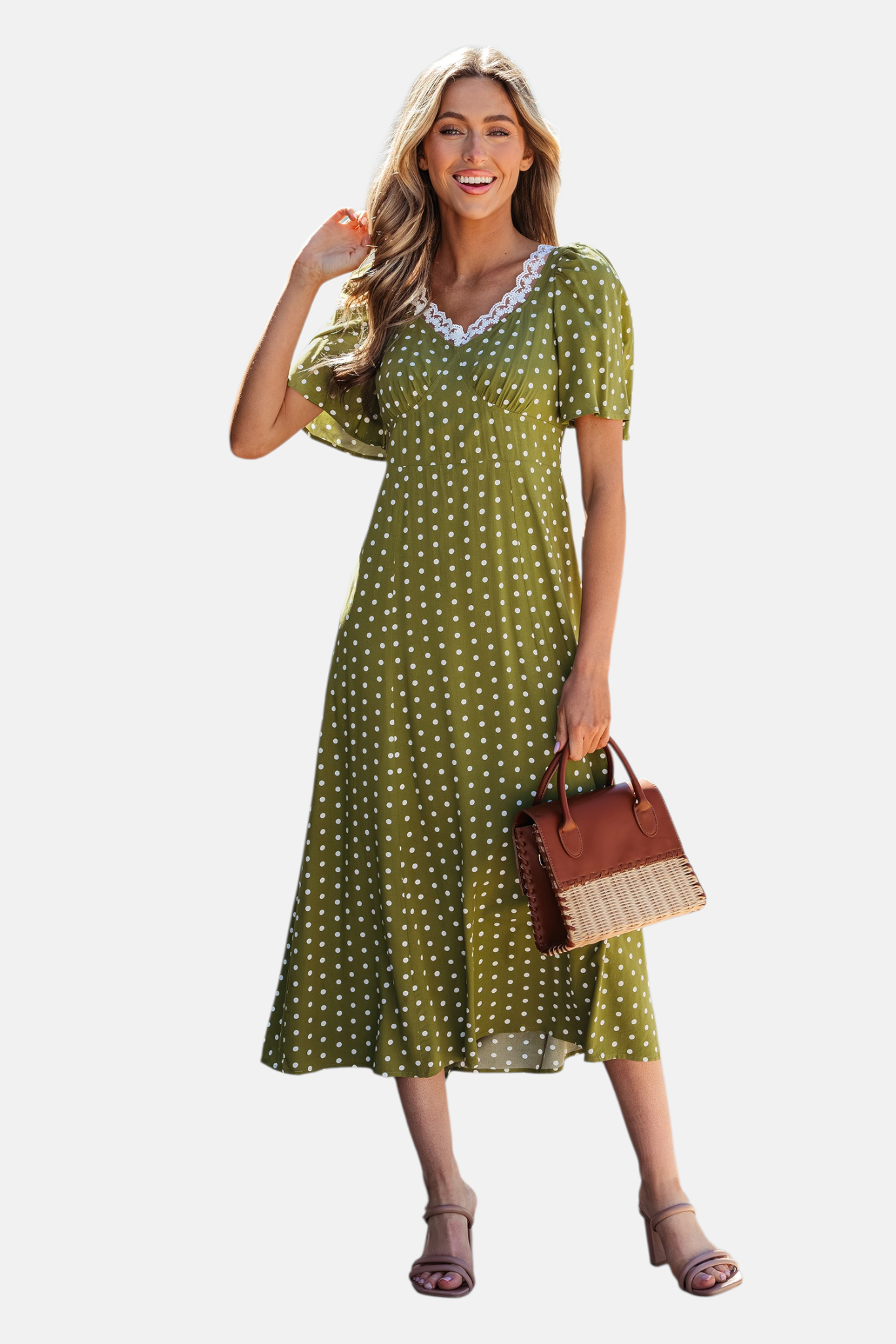 Olive polka dot lace trim smocked midi dress front view styled with tan block heels and rattan leather handbag