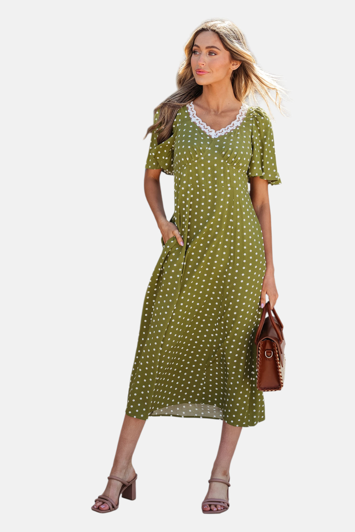 Olive polka dot lace trim smocked midi dress front full length view with side pocket detail styled with block heels and brown handbag