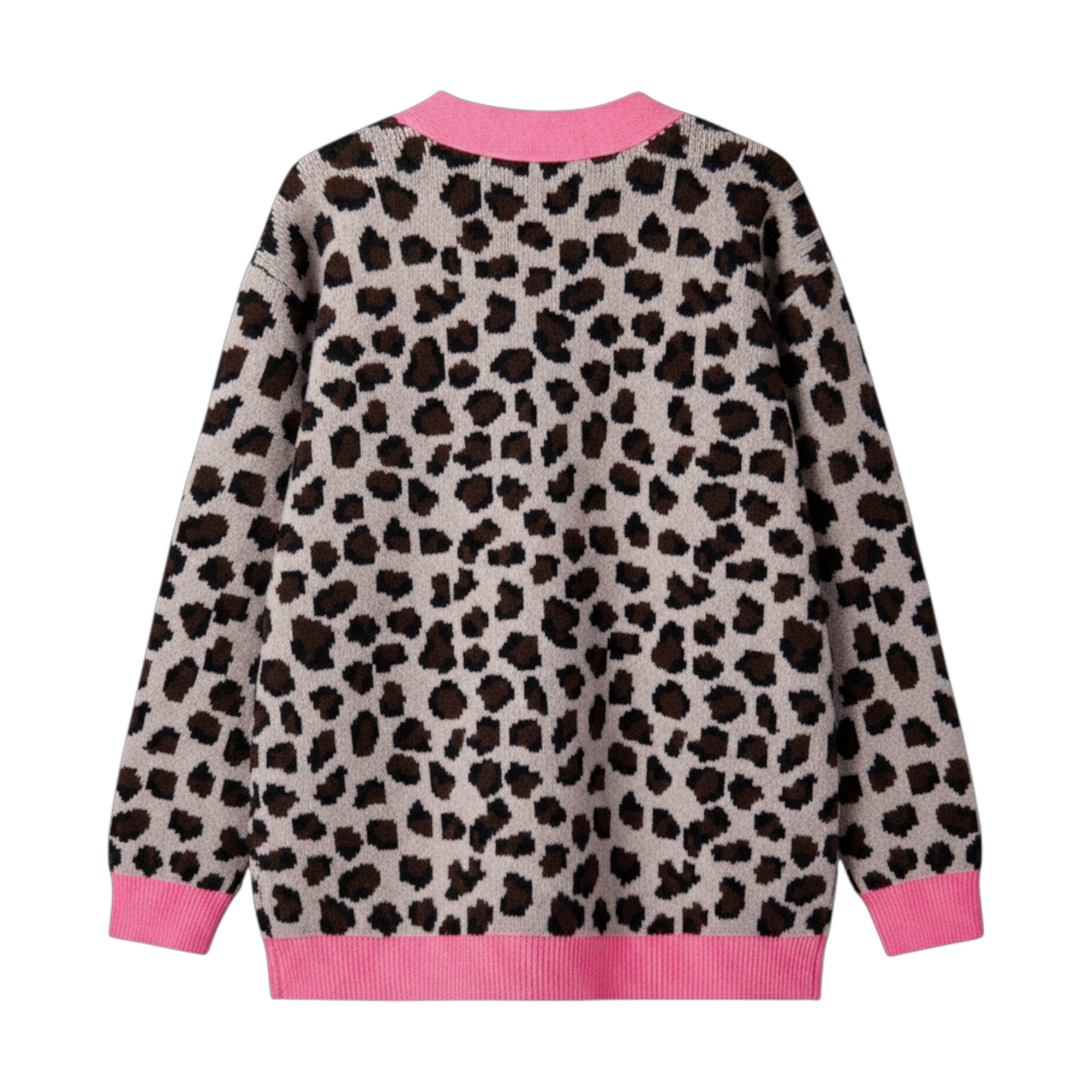 Back view of a button-down leopard print knit cardigan on a hanger, featuring contrast pink ribbed cuffs, hem, and pocket details.