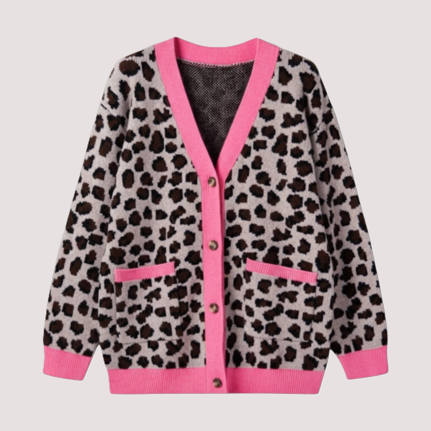 Front view of a button-down leopard print knit cardigan on a hanger, featuring contrast pink ribbed cuffs, hem, and pocket details.