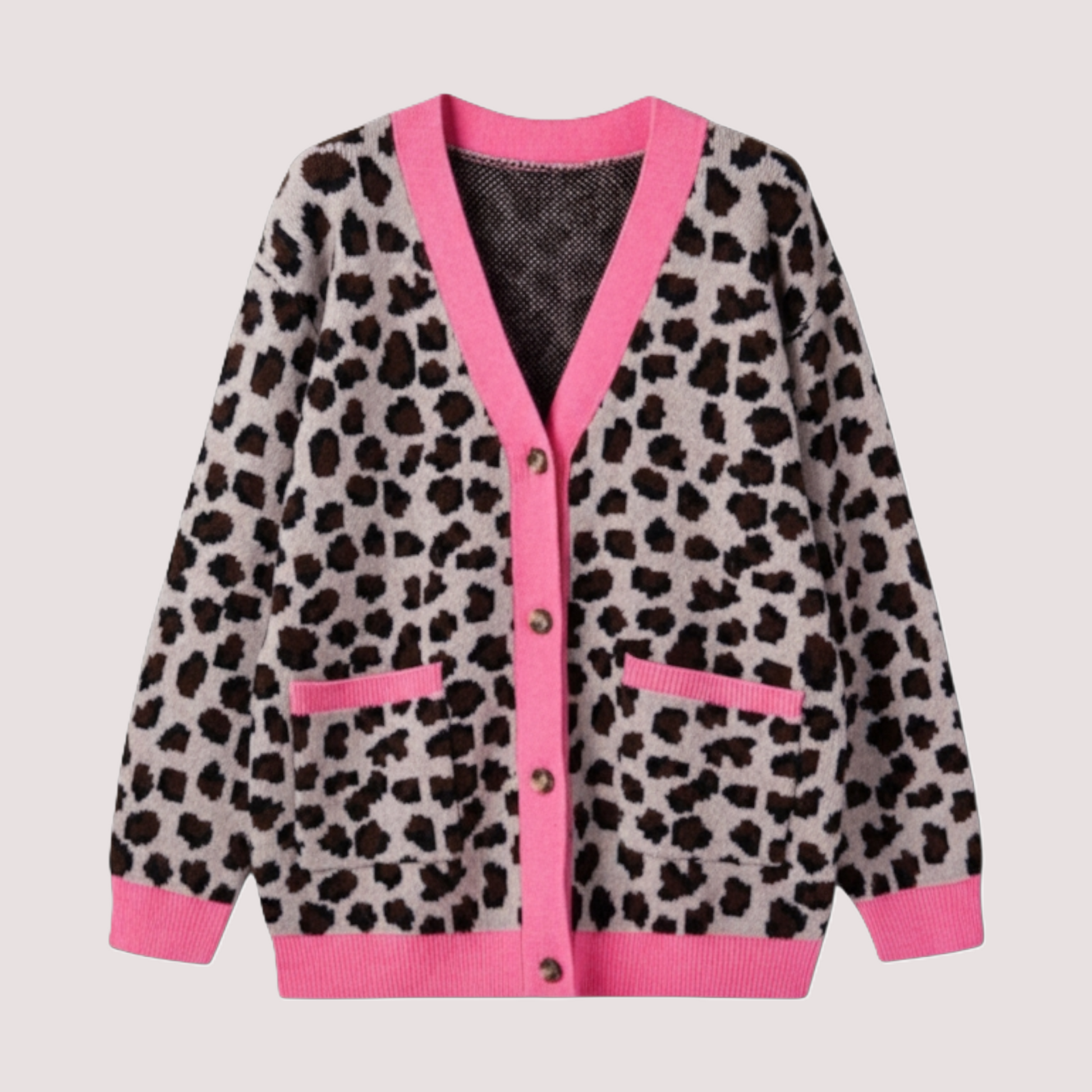 Front view of a button-down leopard print knit cardigan on a hanger, featuring contrast pink ribbed cuffs, hem, and pocket details.