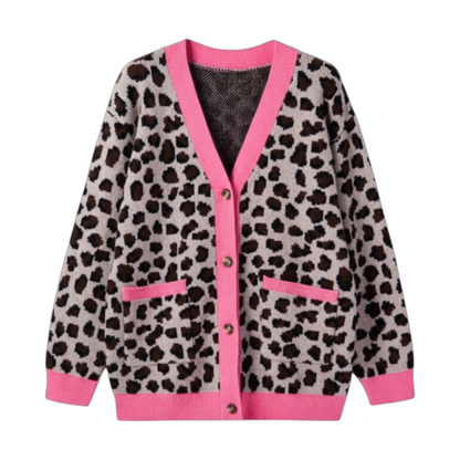 Front view of a button-down leopard print knit cardigan on a hanger, featuring contrast pink ribbed cuffs, hem, and pocket details.