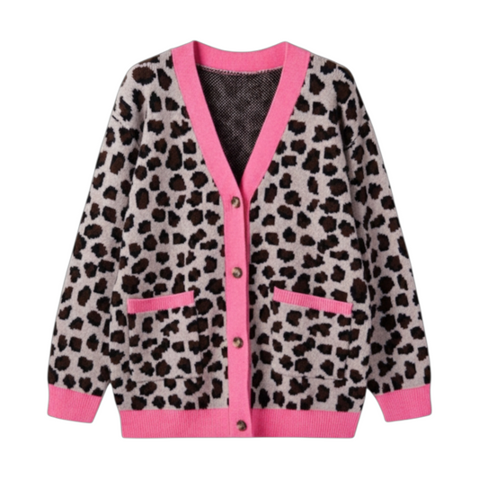 Front view of a button-down leopard print knit cardigan on a hanger, featuring contrast pink ribbed cuffs, hem, and pocket details.