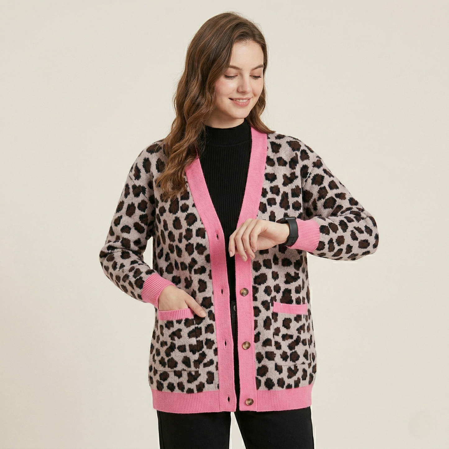 Leopard Print Oversized Colour-Block Cardigan