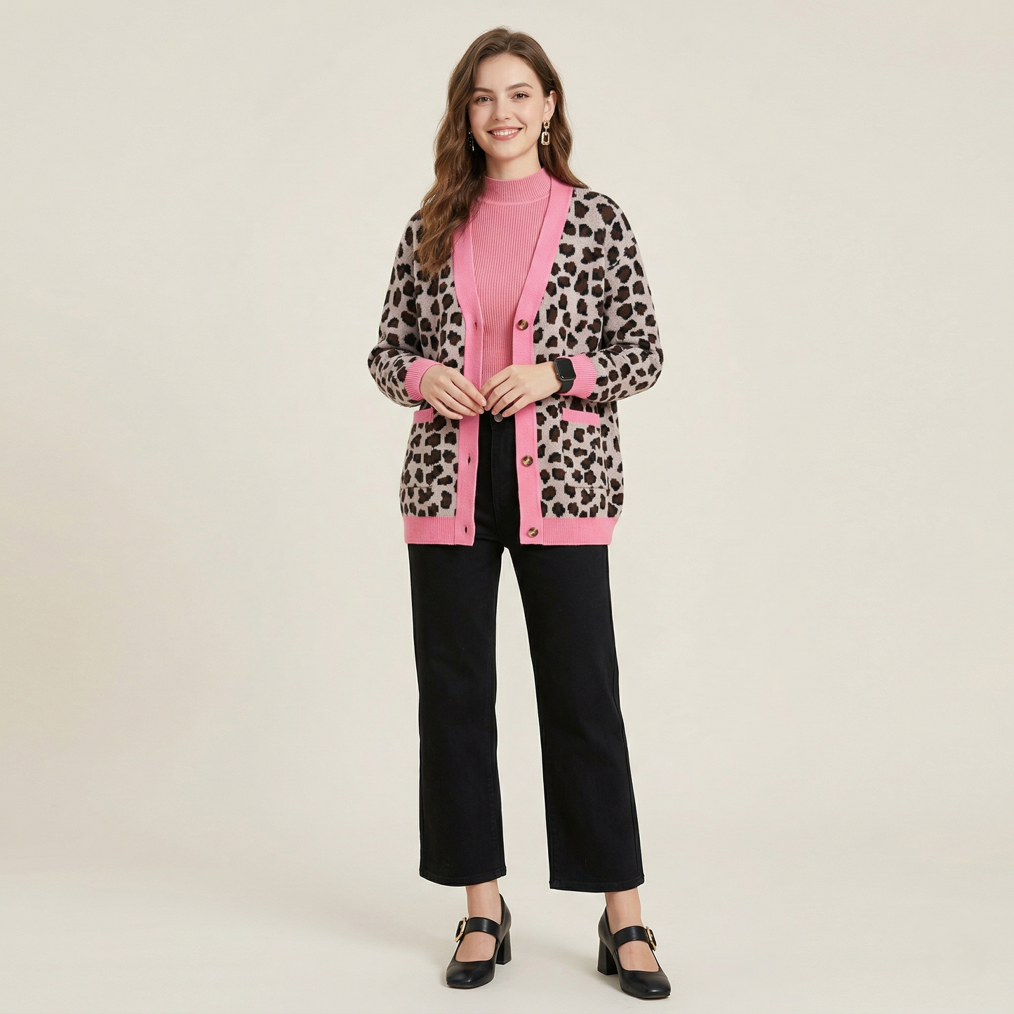 Leopard Print Oversized Colour-Block Cardigan
