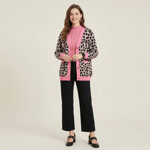 Leopard Print Oversized Colour-Block Cardigan