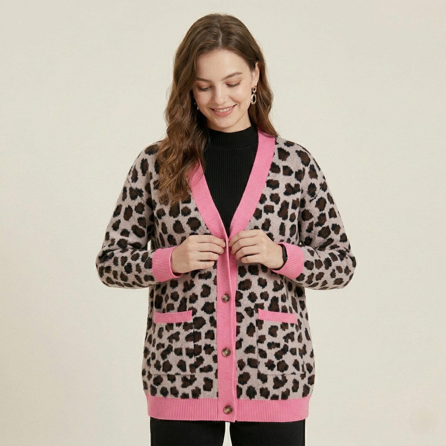 Leopard Print Oversized Colour-Block Cardigan