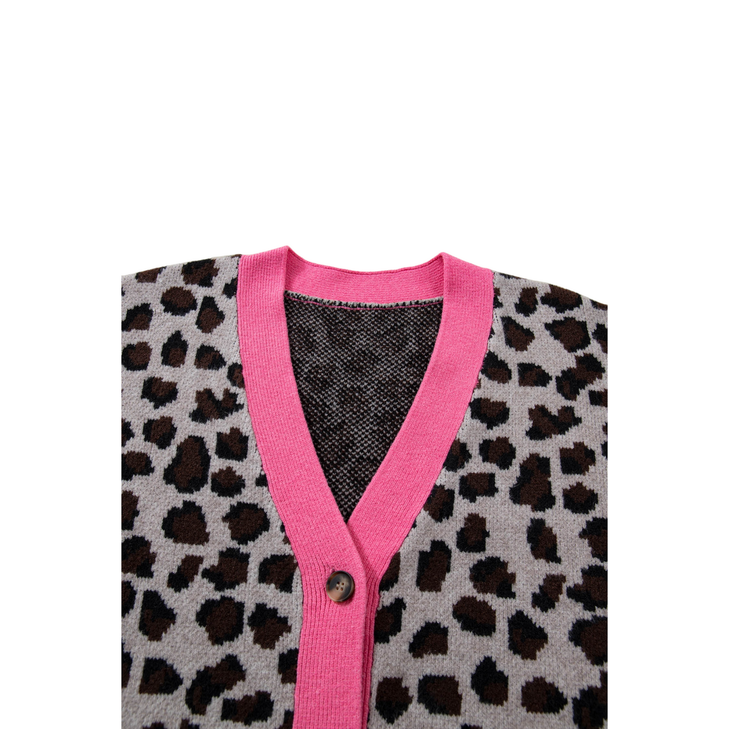 Leopard print vest with pink trim on a white background