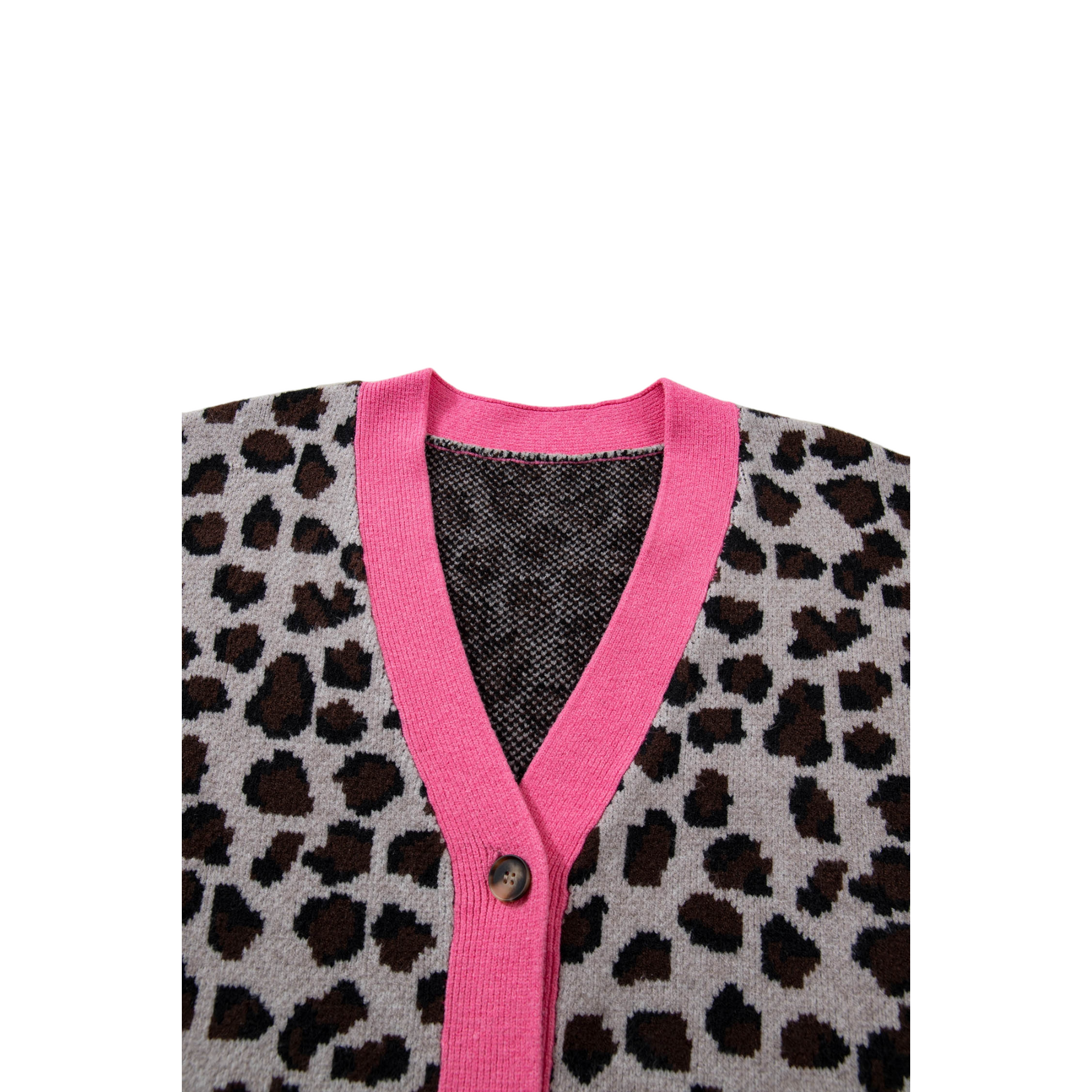 Leopard print vest with pink trim on a white background