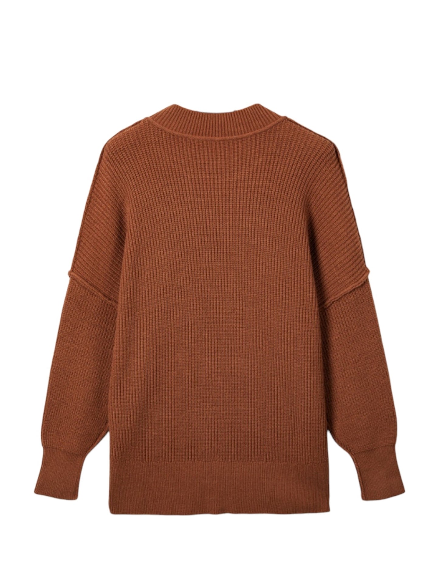 Oversized mock neck ribbed knit sweater in brown, back flat lay
