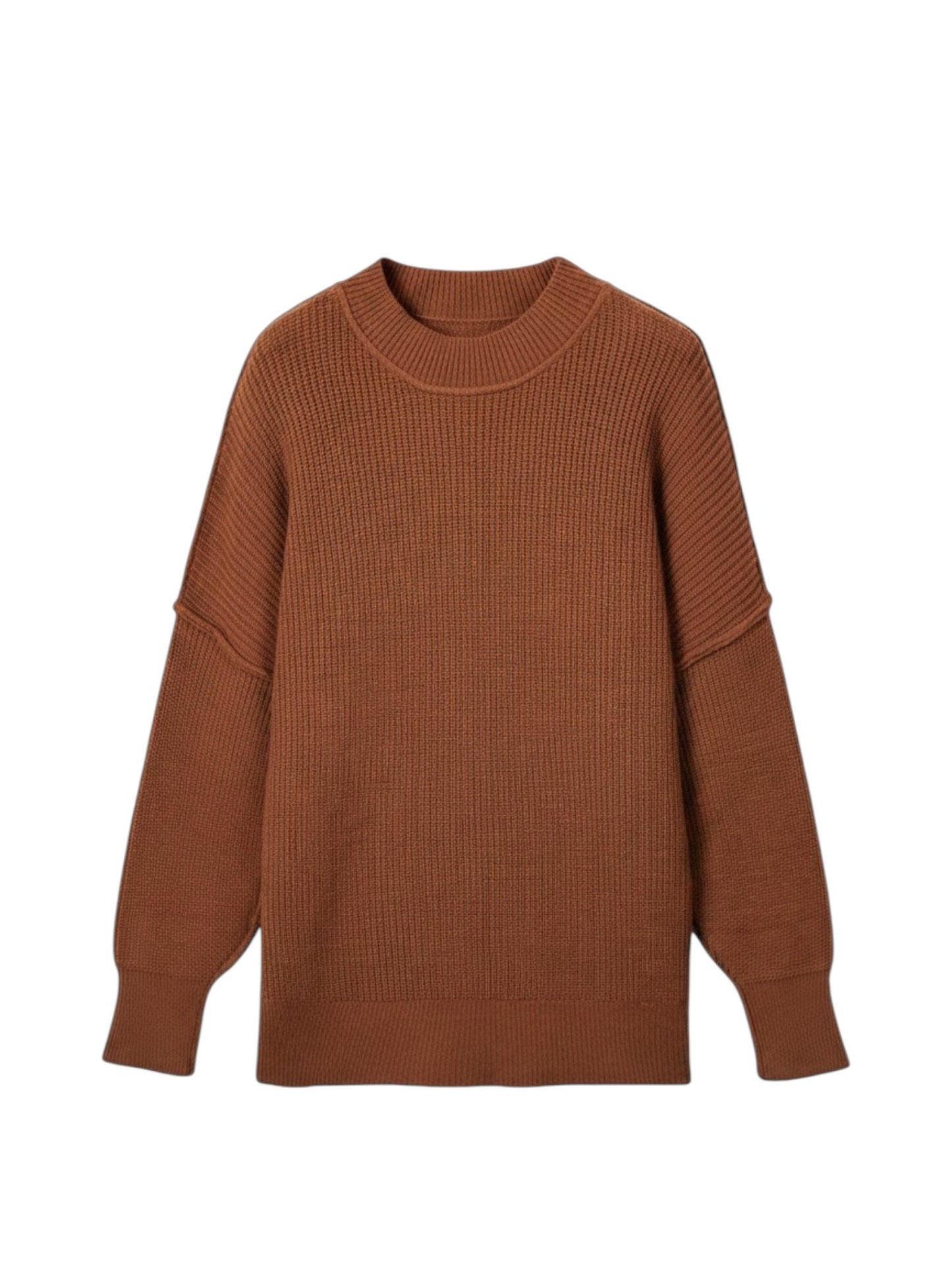 Oversized mock neck ribbed knit sweater in brown, front flat lay
