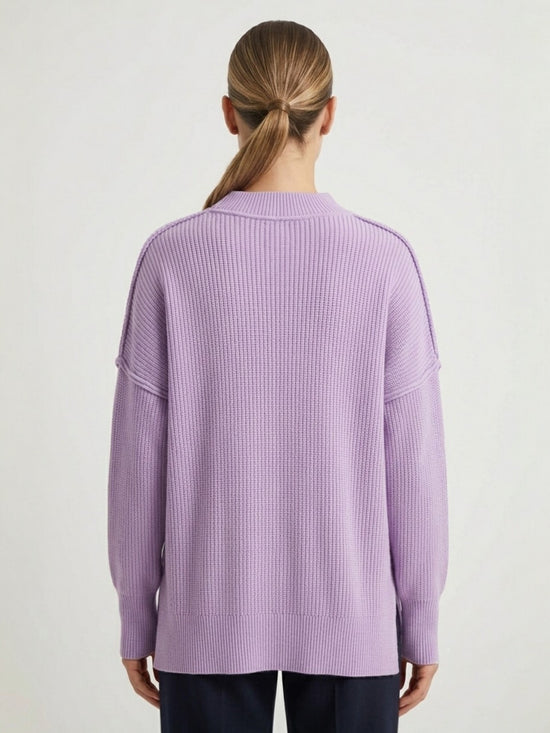 Oversized mock neck ribbed knit sweater in light purple, back view
