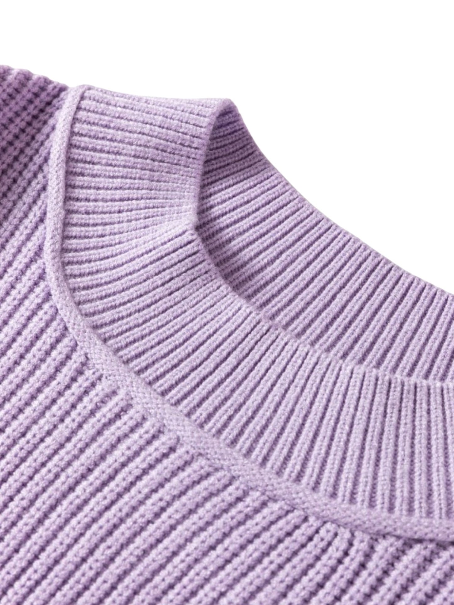 Oversized mock neck ribbed knit sweater collar view in light purple, front flat lay