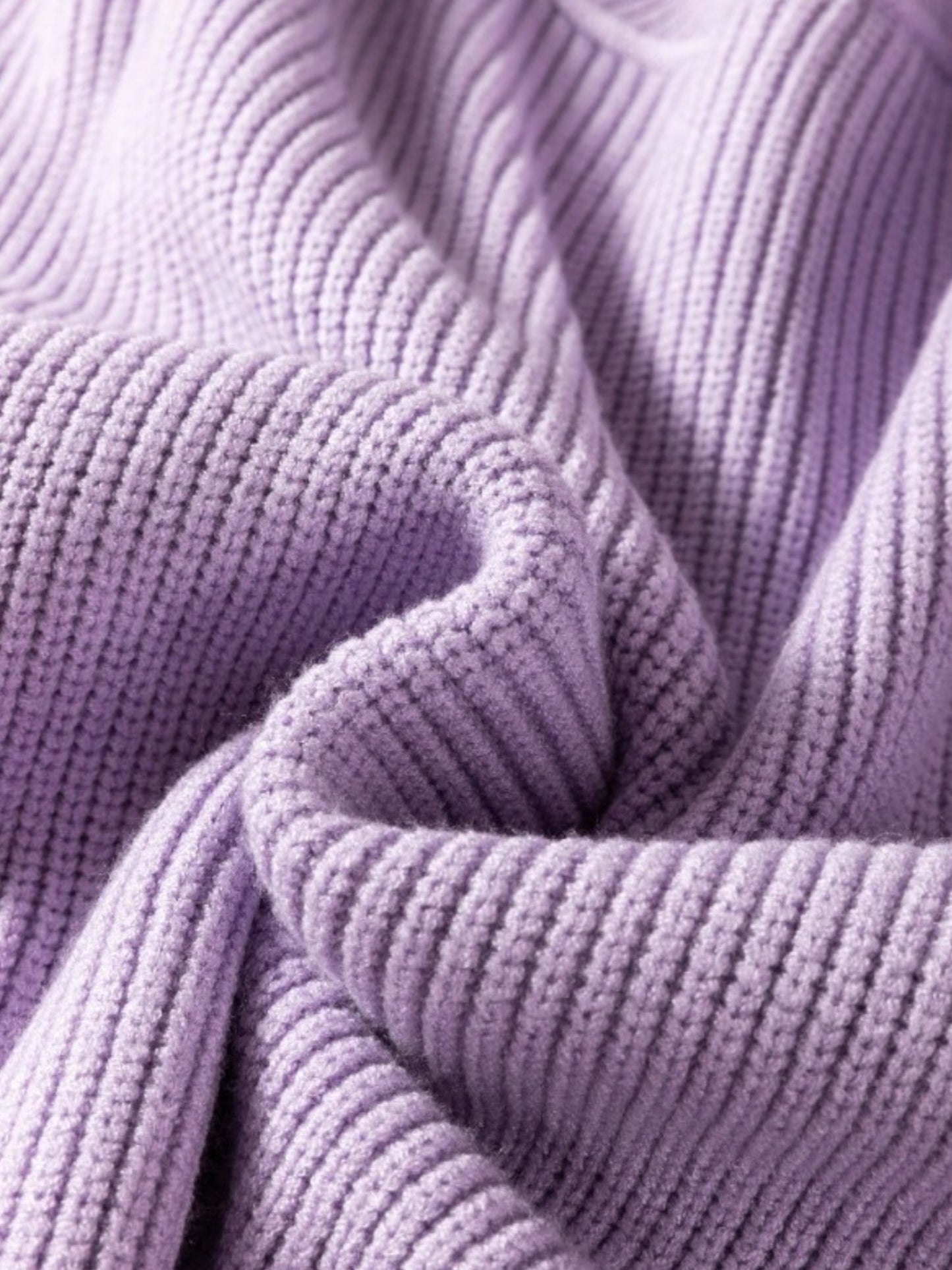 Oversized mock neck ribbed knit sweater in light purple, fabric view