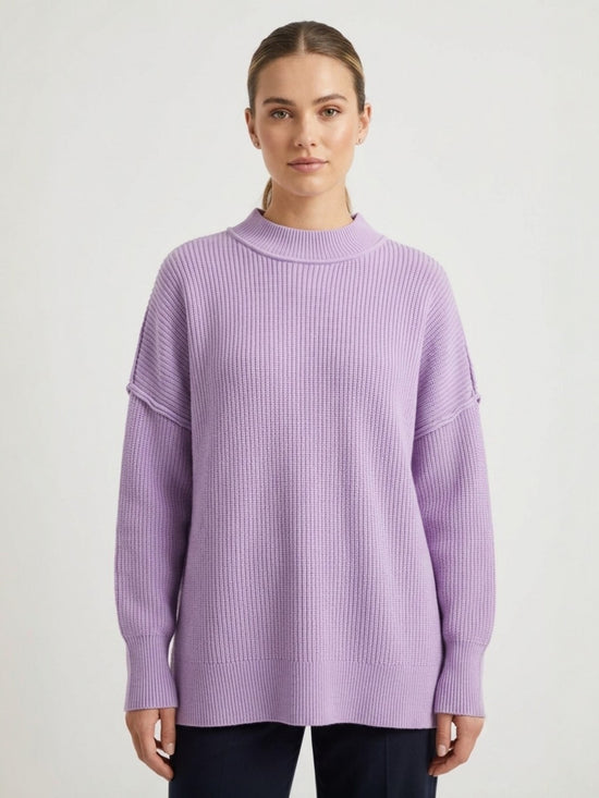 Oversized mock neck ribbed knit sweater in light purple, front view
