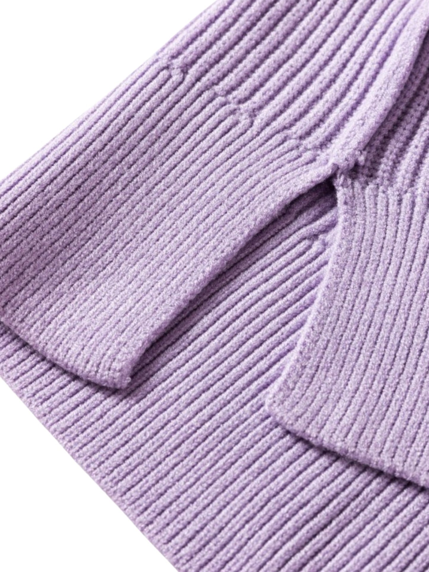 Oversized mock neck ribbed knit sweater in light purple, hemline view