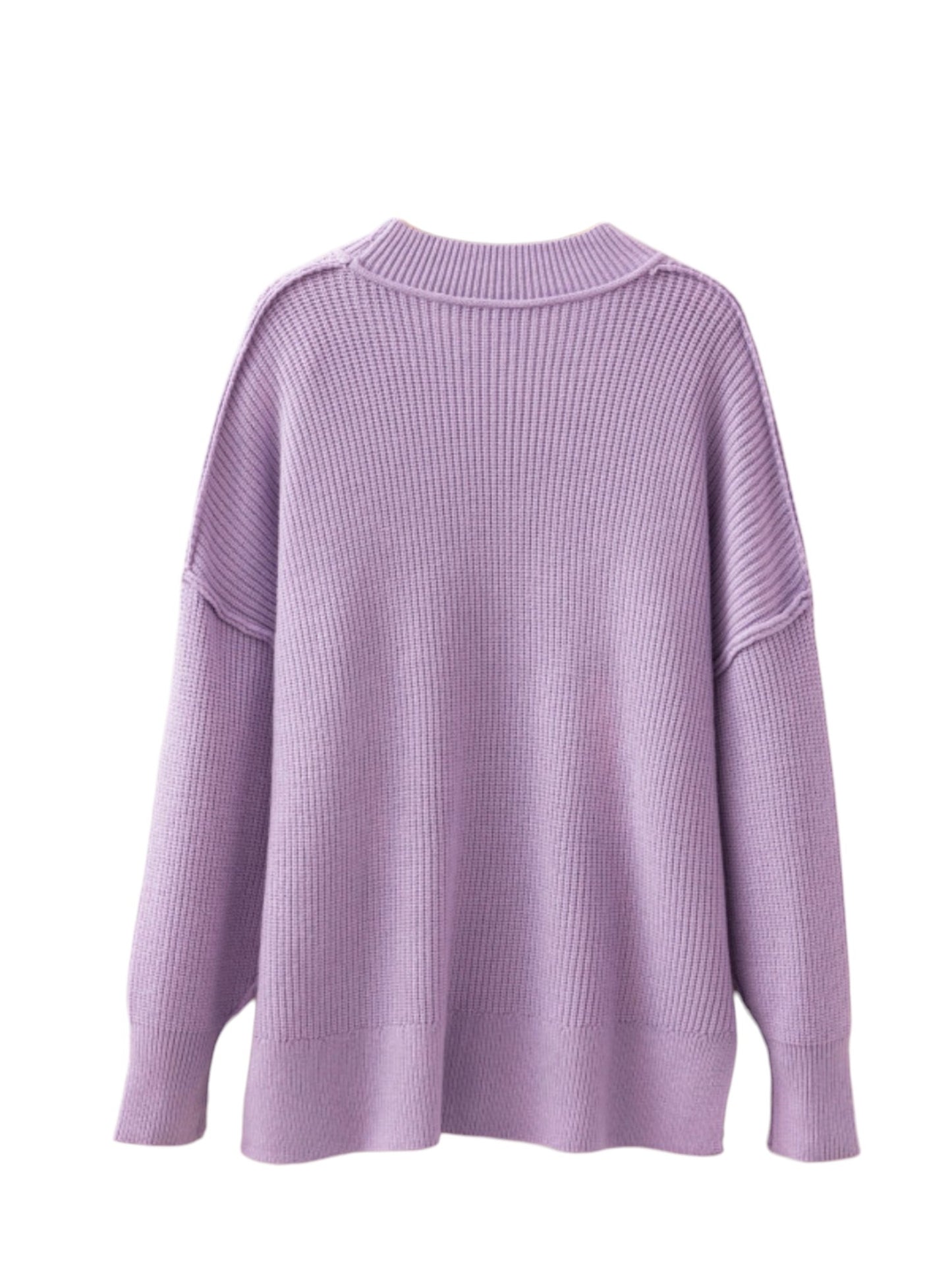 Oversized mock neck ribbed knit sweater in light purple, back flat lay