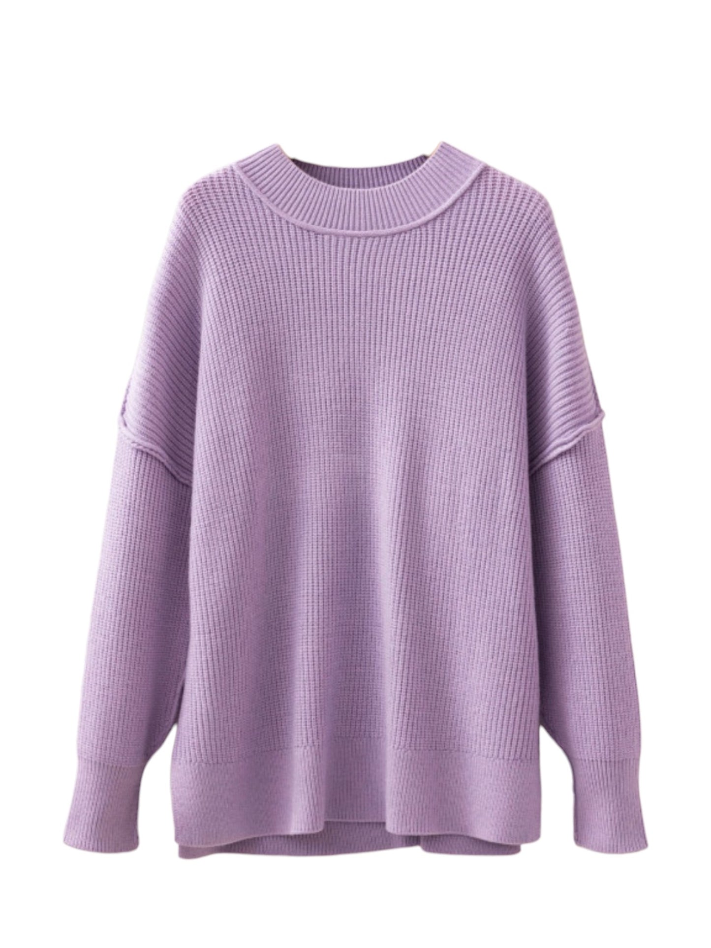 Oversized mock neck ribbed knit sweater in light purple, front flat lay