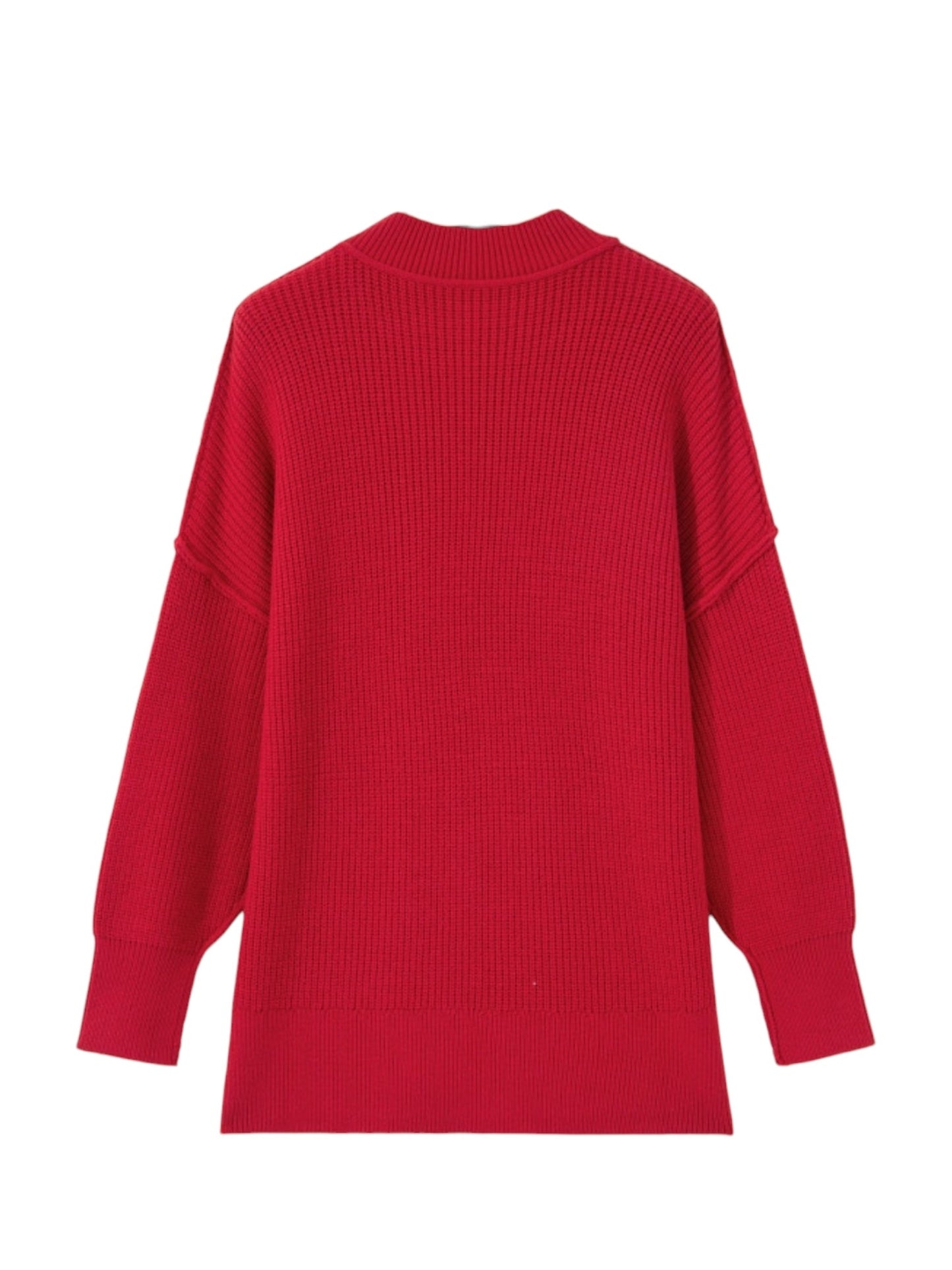 Oversized mock neck ribbed knit sweater in red, back flat lay