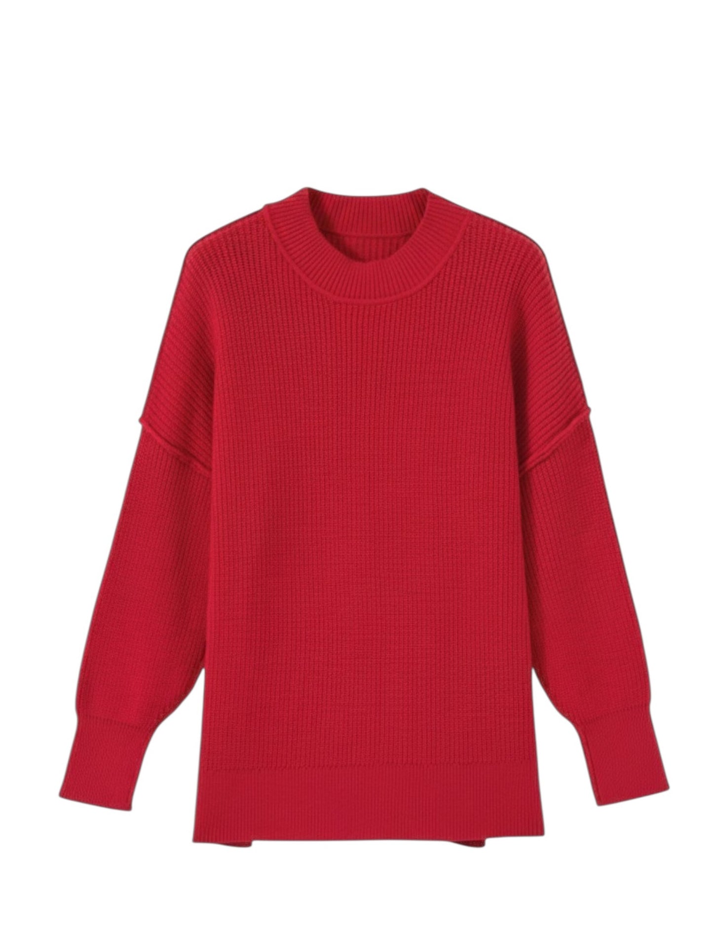 Oversized mock neck ribbed knit sweater in red, front flat lay