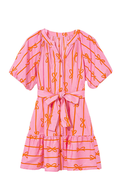Pink Bubble Sleeve Mini Dress with Tie Waist - Catherine Martin