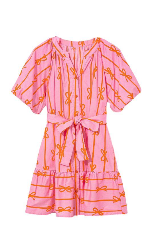 Pink Bubble Sleeve Mini Dress with Tie Waist - Catherine Martin