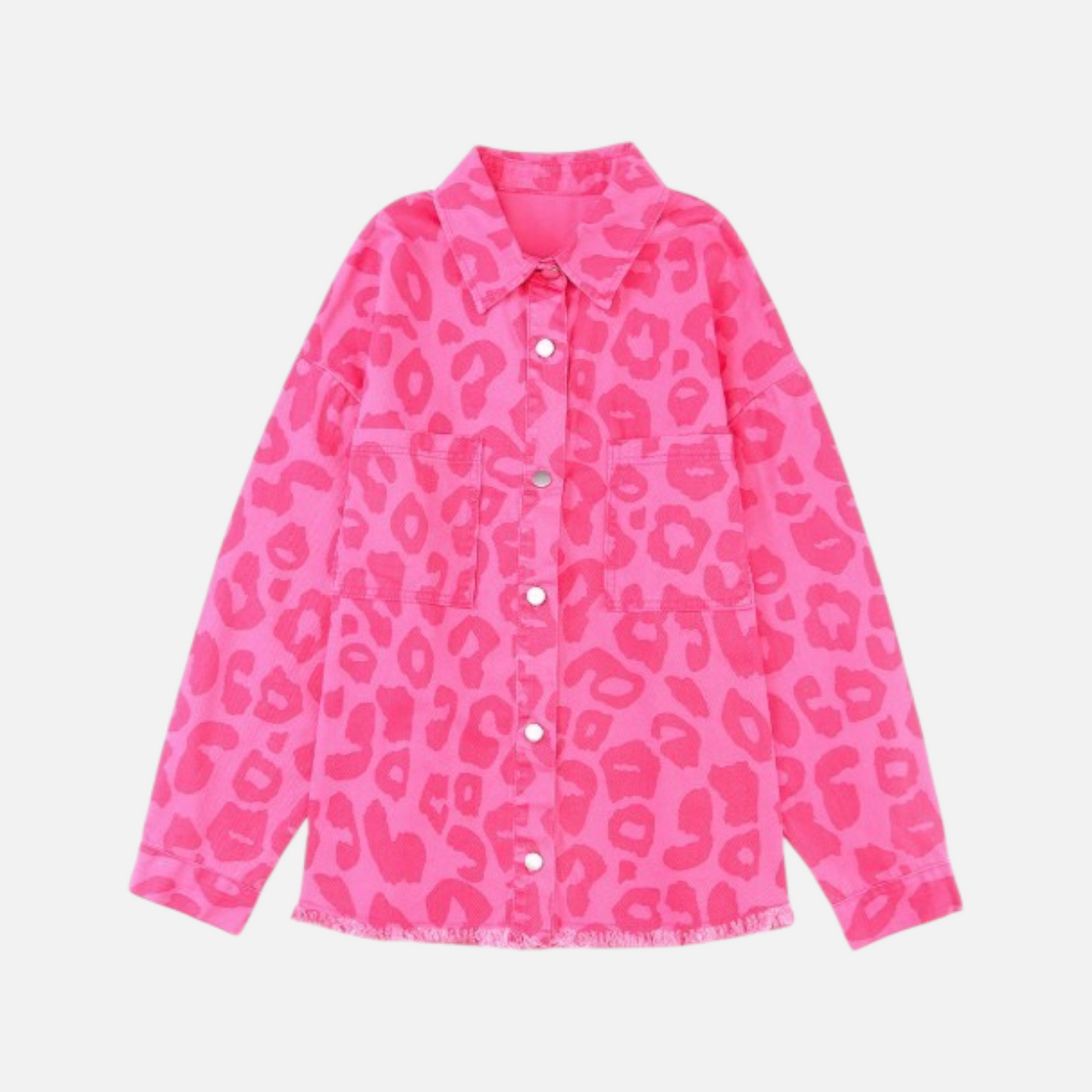 Front view of a vibrant pink leopard print jacket in 100% cotton, featuring a classic collar, button-down front, and trendy raw hemline.
