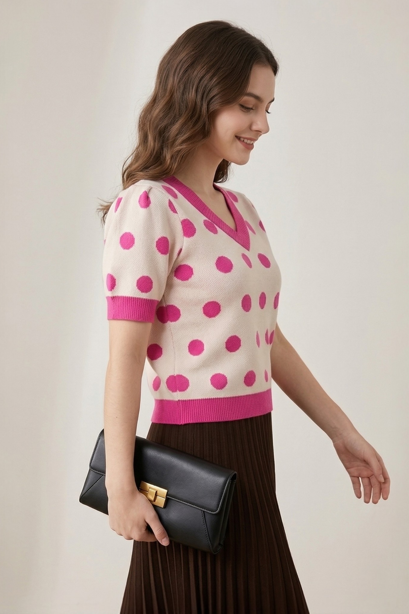 Side profile of a model wearing a cream and pink polka dot knit top, showcasing the relaxed fit and short sleeves.