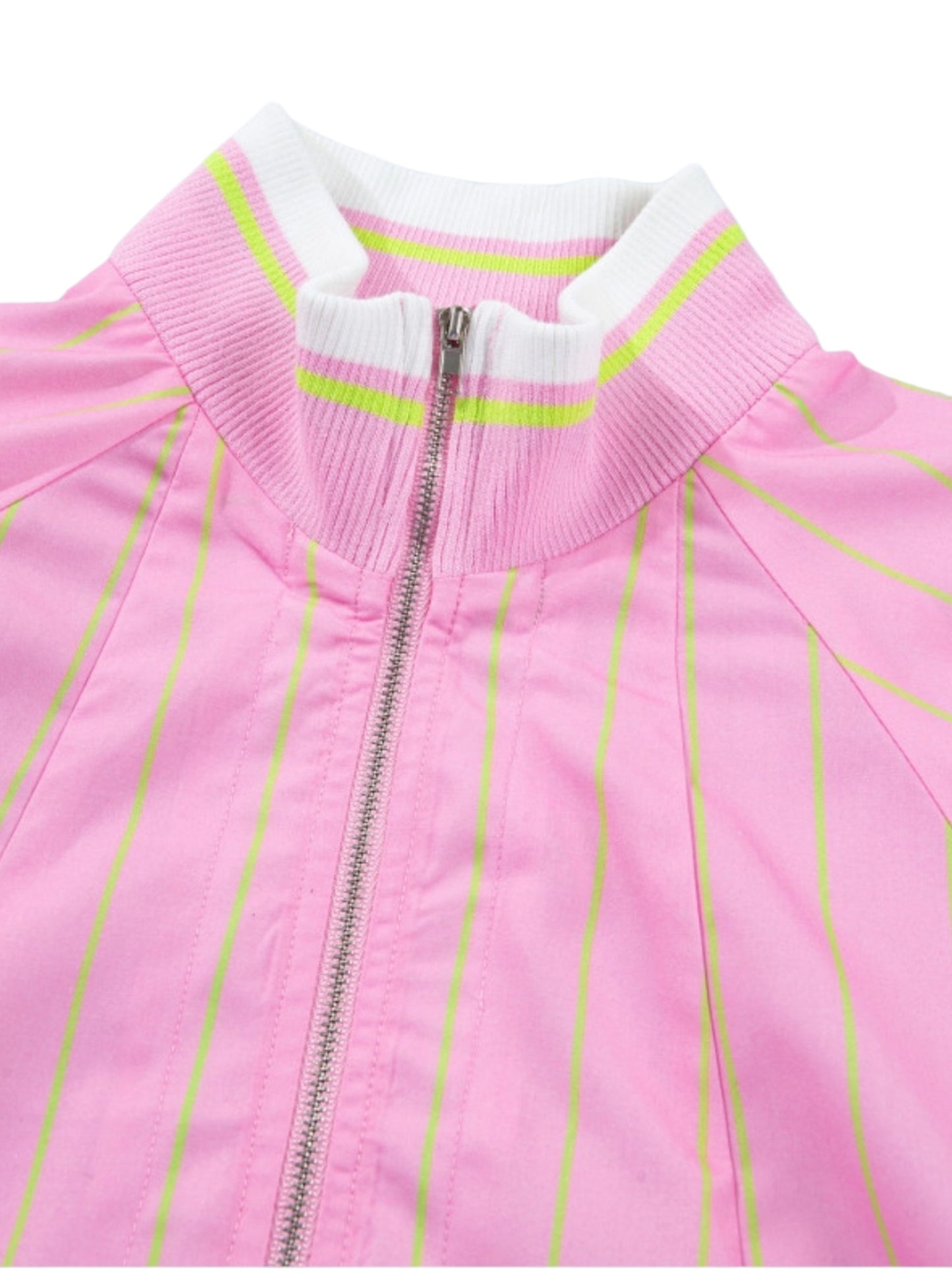Pink Stripe Half-Zip Puff Sleeve Top
