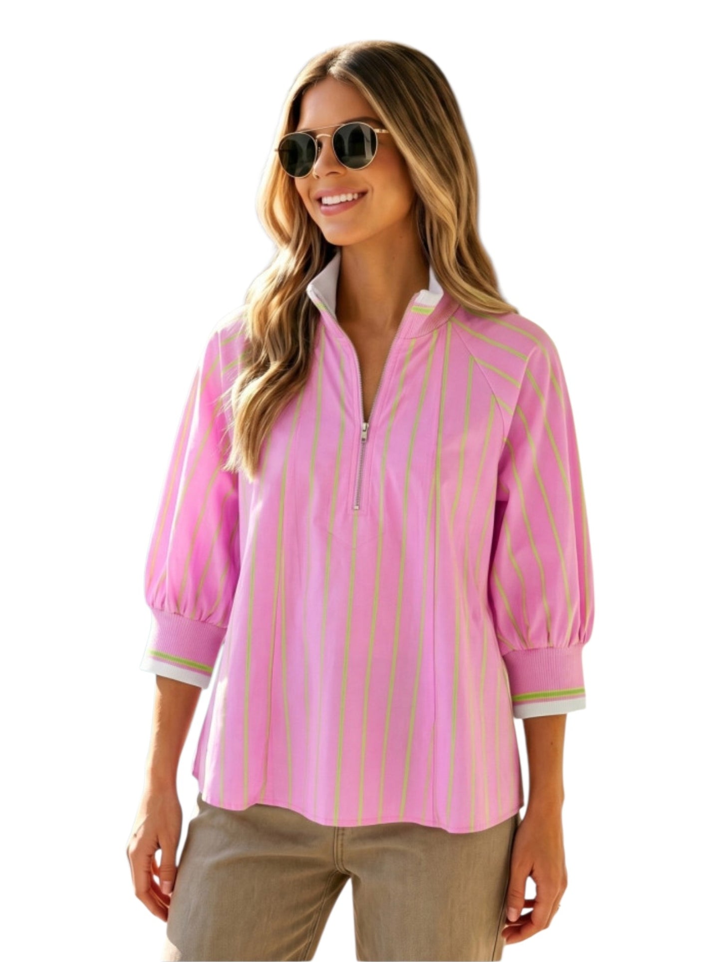 Pink Stripe Half-Zip Puff Sleeve Top