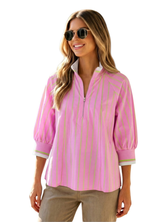 Pink Stripe Half-Zip Puff Sleeve Top