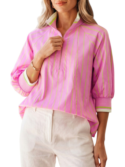 Pink Stripe Half-Zip Puff Sleeve Top main front view