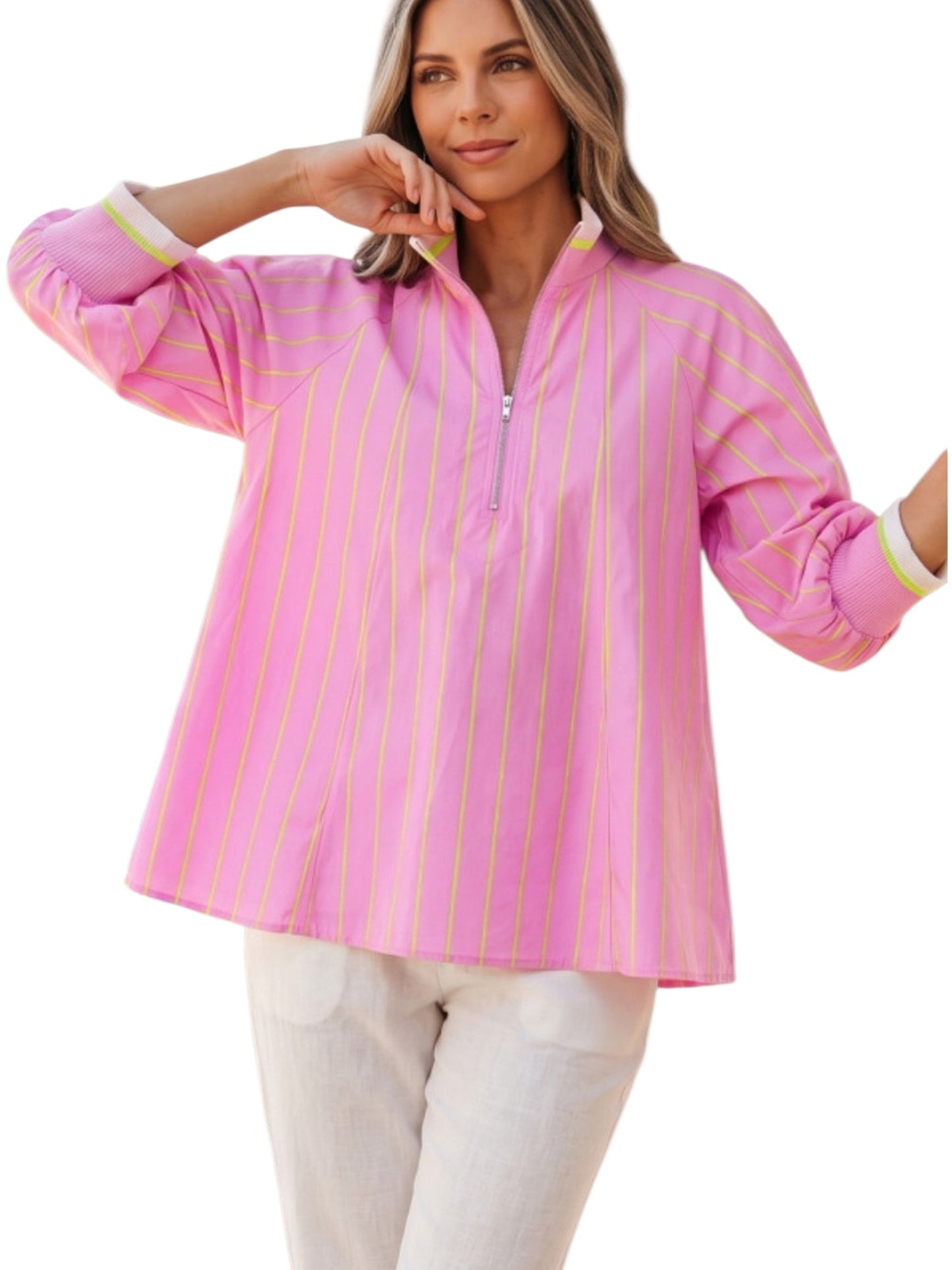 Pink Stripe Half-Zip Puff Sleeve Top