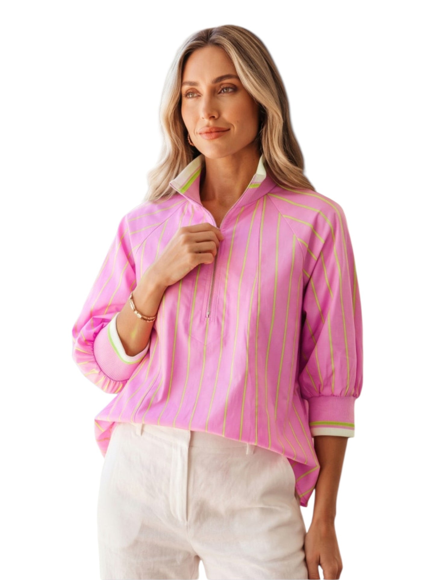Pink Stripe Half-Zip Puff Sleeve Top model front view
