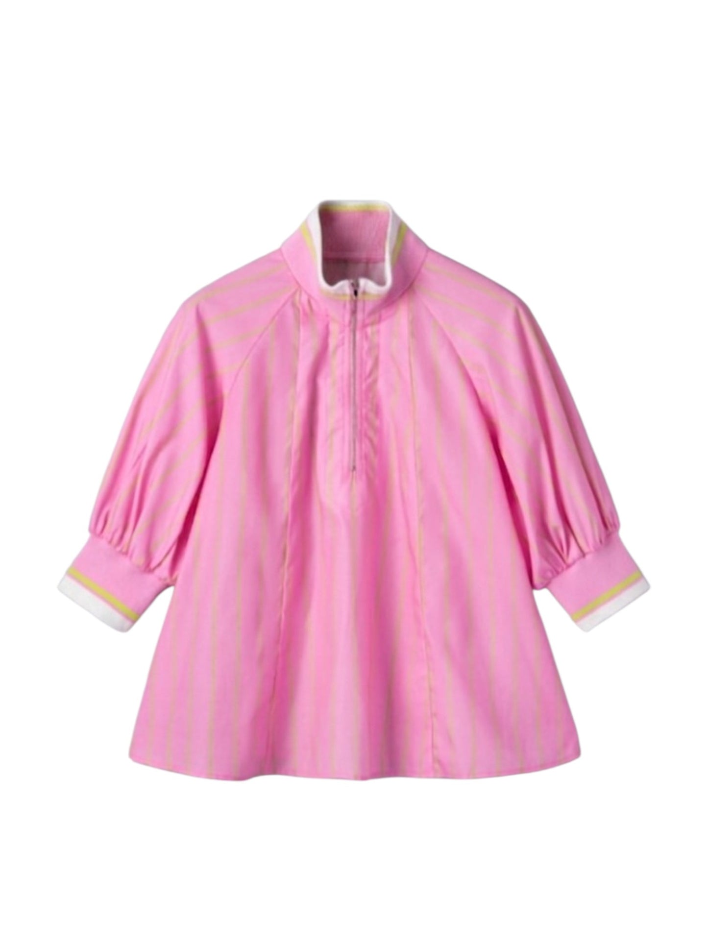 Pink Stripe Half-Zip Puff Sleeve Top professional front view