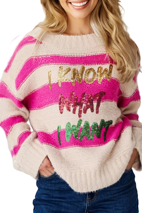 Pink Stripe Sequin Slogan Knit Sweater