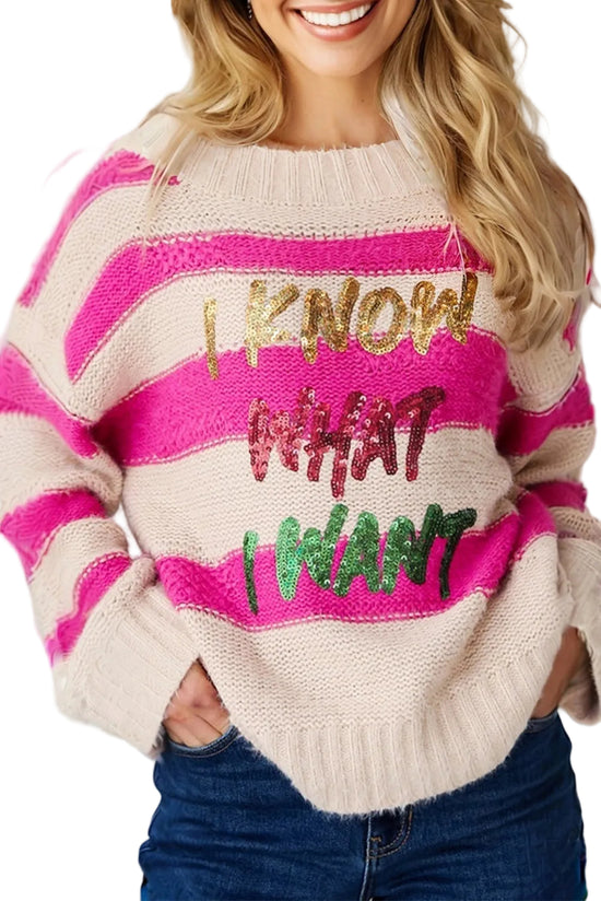 Pink Stripe Sequin Slogan Knit Sweater