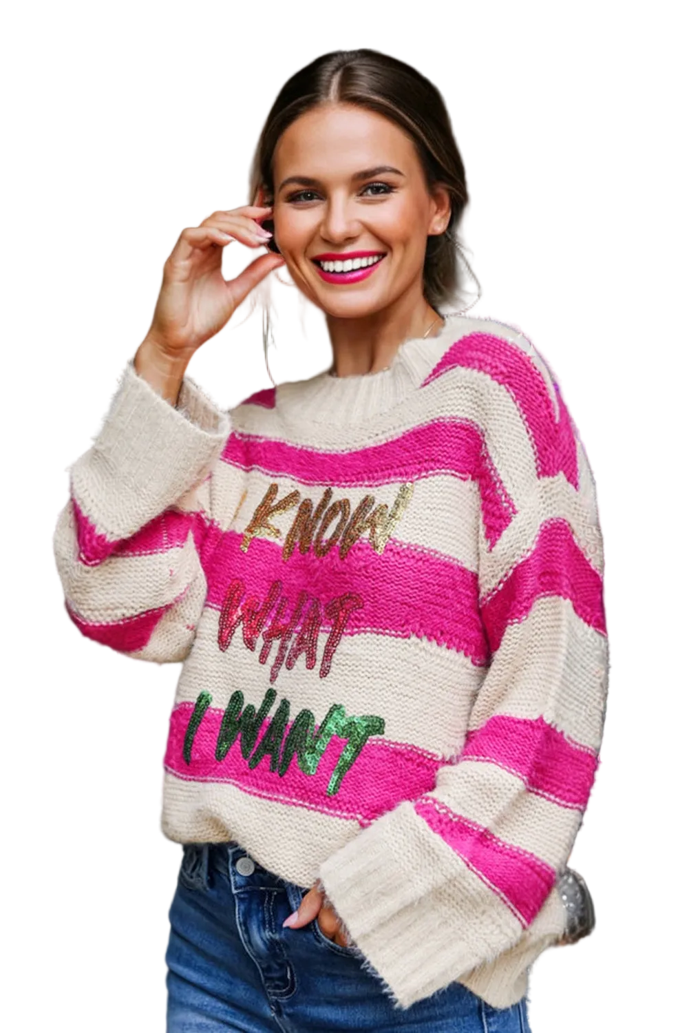 Woman wearing a colorful sweater with text on a white background