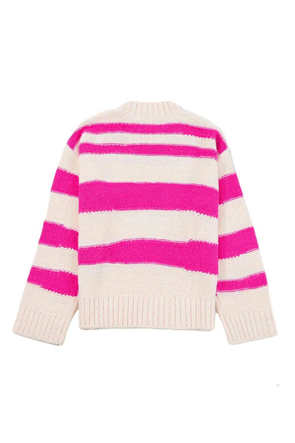 Striped sweater with pink and white colors on a white background flat lay back view